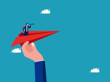 Kağıt uçağın üstünde dürbün. İş amaçlarına ulaşılmasına yardımcı olmak. iş konsepti vektörü