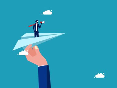 Kağıt bir uçakta elinde megafon tutan bir iş adamı. Reklam ve pazarlamayı destekleyin. iş konsepti vektörü