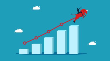 Growth charts and man riding Red Bull. Stocks that grow in a bull market. Finance and investment concept. vector illustration