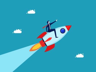 The direction leader of the business organization. Commitment and optimization for growth. Businessman riding a rocket to success vector
