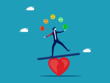 Businessman balances emotions on heart. Emotional intelligence. Balance anxiety and happiness. vector illustration eps