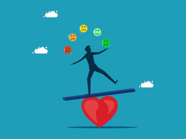 man balances emotions on heart. Emotional intelligence. Balance anxiety and happiness. vector illustration