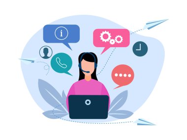 Female customer service with headphones and microphone with laptop concept illustration for support. call center vector