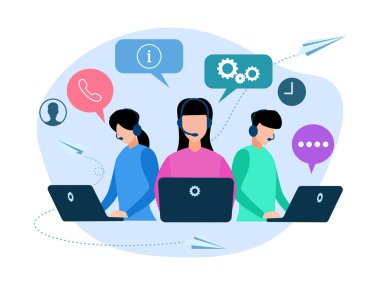 Call center staff. Customer service hotline. Give advice to customers online. Worldwide support. Items for customers vector