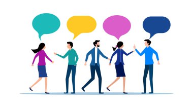 brainstorming for ideas. Work meeting. Debating or team communication. Colleagues in business team discussing work in meeting with speech bubbles vector