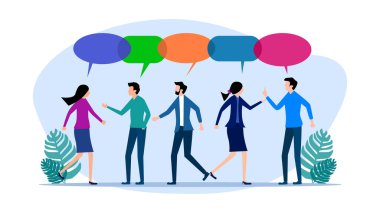 Conversation or brainstorming for ideas. Work meeting. Debating or team communication. Colleagues in business team discussing work in meeting with speech bubbles vector