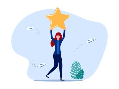 Woman holding a star. Star rating. Rate the service satisfaction. Achieving success in life. vector illustration