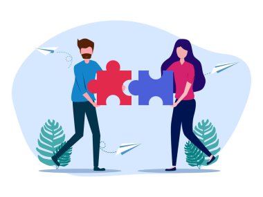 women and men Hold a jigsaw puzzle. Working together to solve problems. Teamwork concept. vector illustration