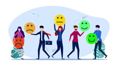 People holding icon to express their feelings. Symbolic votes. Colorful Emotional Feedback for Customer Service Rating vector