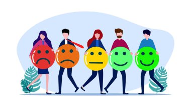 People holding icon to express their feelings. Symbolic votes. Colorful Emotional Feedback for Customer Service Rating vector