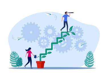 People grow stairs and look far. A vision for personal growth or development. investment concept vector