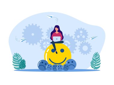 Woman with laptop on happy icon and small sad icon. The concept of optimism over pessimism. vector illustration
