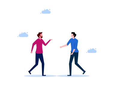 İki kişi konuşuyor ve soruları cevaplıyor. Sorun vektörünü çözmek için fikirler veya öneriler