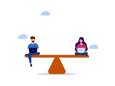 Erkek ve kadın tahterevallide dizüstü bilgisayarda çalışıyor. Kadın ve erkek arasında cinsiyet eşitliği