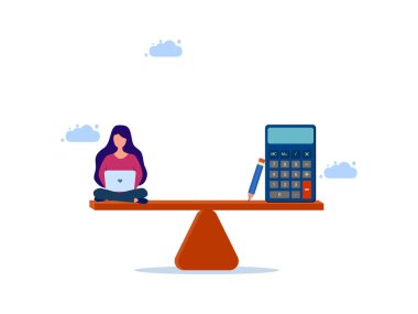 Bilgisayarında hesap makinesiyle tahterevallide çalışan bir kadın. Verimli çalışma ve hesaplama vektörü