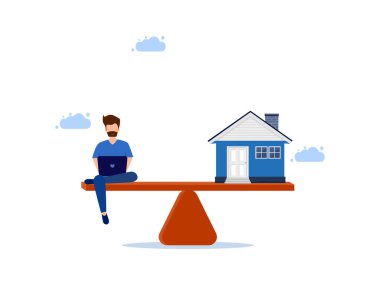 Adam dizüstü bilgisayarda çalışıyor, evi de terazide. ev vektörü ile denge işi