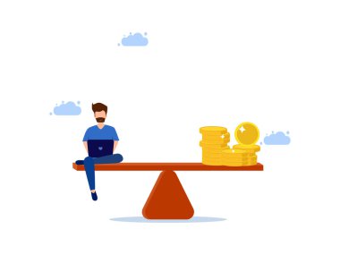 Bilgisayarda çalışan ve terazide parası olan bir adam. İş ve para vektörü dengeleniyor