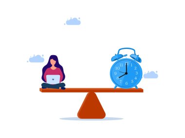 Dizüstü bilgisayar ve saat ile çalışan bir kadın. Çalışma ve zaman vektörü dengeleniyor