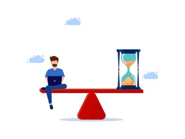 Adam dizüstü bilgisayar ve kum saatiyle terazi üzerinde çalışıyor. İş ve zaman vektörü arasındaki denge