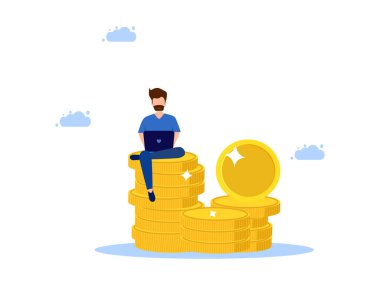 Adam büyük para yığınında dizüstü bilgisayarla çalışıyor. Mali yönetim ve yatırım vektörü