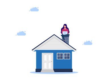 Evde dizüstü bilgisayarla çalışan bir kadın. Yönetim ve varlıklar. vektör illüstrasyonu