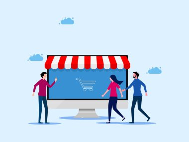 Çalışanlar müşterilerine çevrimiçi ürünler tavsiye ederler. Çevrimiçi iş yönetimi ve satışlar. vektör illüstrasyonu