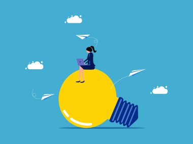 Büyük ampulde dizüstü bilgisayarla çalışan bir iş kadını. Yaratıcı çalışma. vektör illüstrasyonu