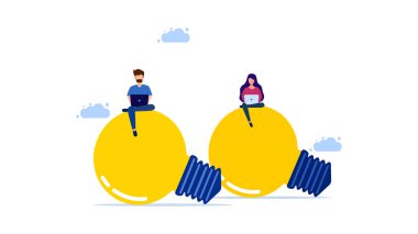 Büyük ampulde dizüstü bilgisayarla çalışan bir adam. Beyin fırtınası ve yaratıcı işler. vektör illüstrasyonu