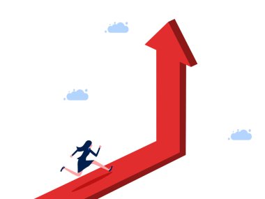 Kadın büyüyen bir ok boyunca koşuyor. Kariyer gelişimi ve büyüme vektörü