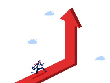 Adam büyüyen bir ok boyunca koşuyor. Kariyer gelişimi ve büyüme vektörü çizimi