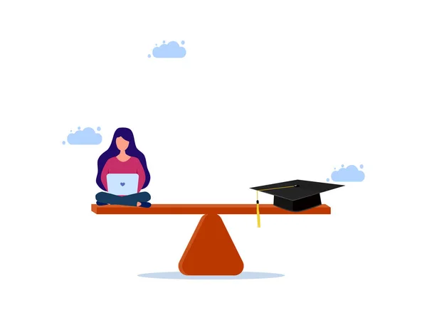 在笔记本电脑上工作的妇女和天平上的毕业帽 平衡工作和研究病媒 — 图库矢量图片