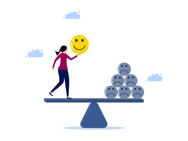 Kobieta Uśmiechem Wadze Równowaga Między Pracą Optymistyczną Negatywną Ilustracja Wektora — Wektor stockowy