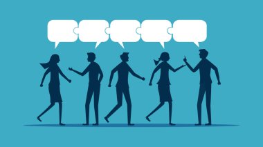 Görüşmeler ya da iletişim toplantıları işbirliğini tartışır. İş adamı konuşuyor ve konuşma balonu yapboz vektörü