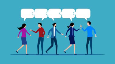 Görüşmeler ya da iletişim toplantıları işbirliğini tartışır. İş adamı konuşuyor ve konuşma balonu yapboz vektörü