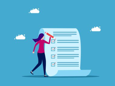 İşi bitirmek için proje tahminleri. Faturaları ya da vergileri hesapla. kadın kalem vektörü ile proje belgesini kontrol ediyor