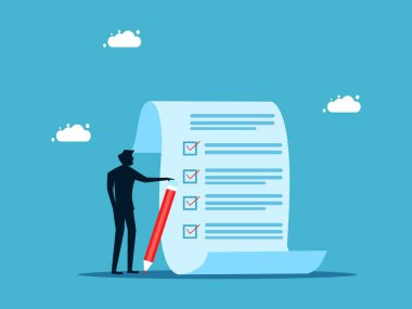 Proje süreci izleme. İş adamı kalem vektörü ile proje belgesini kontrol ediyor