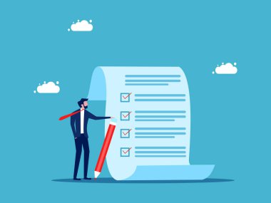 Proje süreci izleme. İş adamı kalem vektörü ile proje belgesini kontrol ediyor