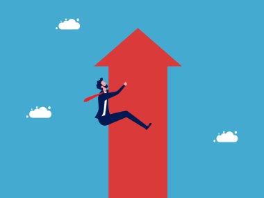 Kalabalığın akışına göre. Büyüyen ok vektörüne tutunan işadamı