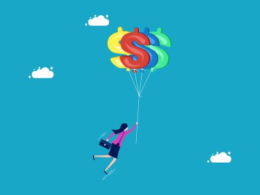 Başarı ve finansal özgürlük. Para balonlarıyla uçan iş kadını. iş konsepti vektör illüstrasyonu