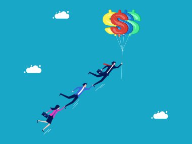 Başarı ve finansal özgürlük. Para balonlarıyla uçan bir iş adamı. iş kavramı 