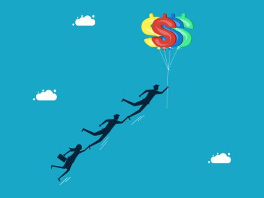 Başarı ve finansal özgürlük. Para balonlarıyla uçan bir iş adamı. iş kavramı 