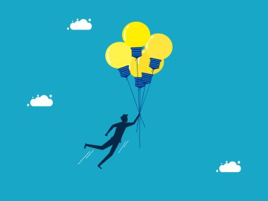 Düşünce özgürlüğü ve bilgi arayışı. Ampul balonuyla uçan bir iş adamı. iş konsepti vektörü