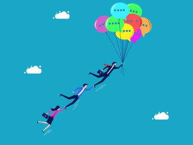 Bilgi özgürlüğü ve bilgi arayışı. Bir grup iş adamı konuşma balonlarıyla uçuyor. iş kavramı 