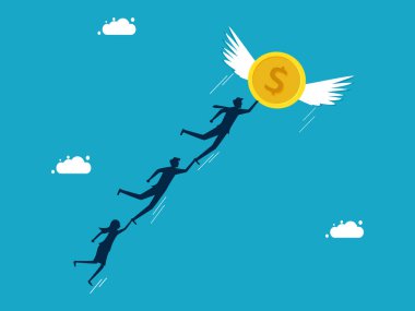 Ekonomik bağımsızlık. Enflasyon. Uçan paralarla uçan iş adamları grubu. İş ve yatırım kavramı vektörü