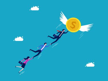 Ekonomik bağımsızlık. Enflasyon. Uçan paralarla uçan iş adamları grubu. İş ve yatırım kavramı vektörü