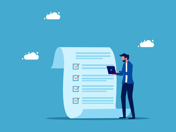 Оценка проекта для выполнения работы. Расчет счетов или налогов. Бизнесмен проверяет проектные документы с помощью вектора ноутбука