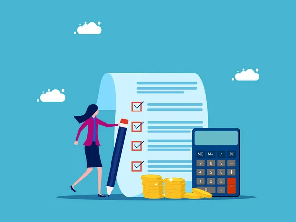 Reveja Documentos Financeiros Controle Custos Mulher Negócios Verificando Documentos Com — Vetor de Stock