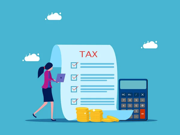 Examine Tax Business Cost Expenses Woman Checking Tax Documents Laptop — Stock Vector