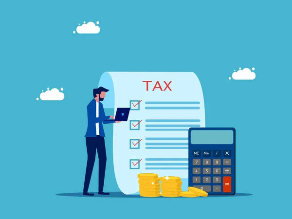 Examine Imposto Despesas Negócios Empresário Verificando Documentos Fiscais Vetor Laptop — Vetor de Stock
