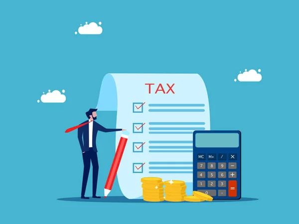 Berechnen Sie Steueraufwendungen Oder Betriebskosten Geschäftsmann Überprüft Steuerunterlagen Mit Bleistift — Stockvektor